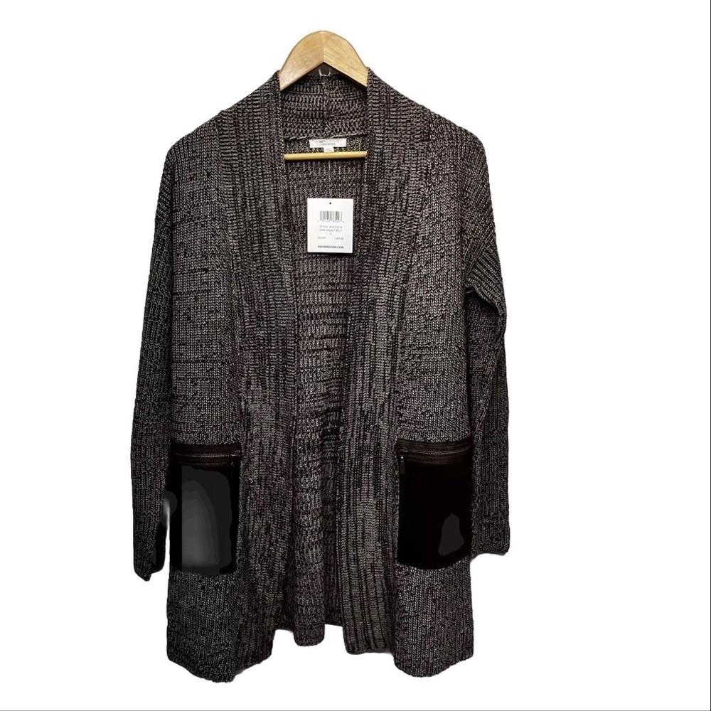 89th & Madison Knit Walnut Brown Long Cardigan Sweater Open Front Zip Pockets S